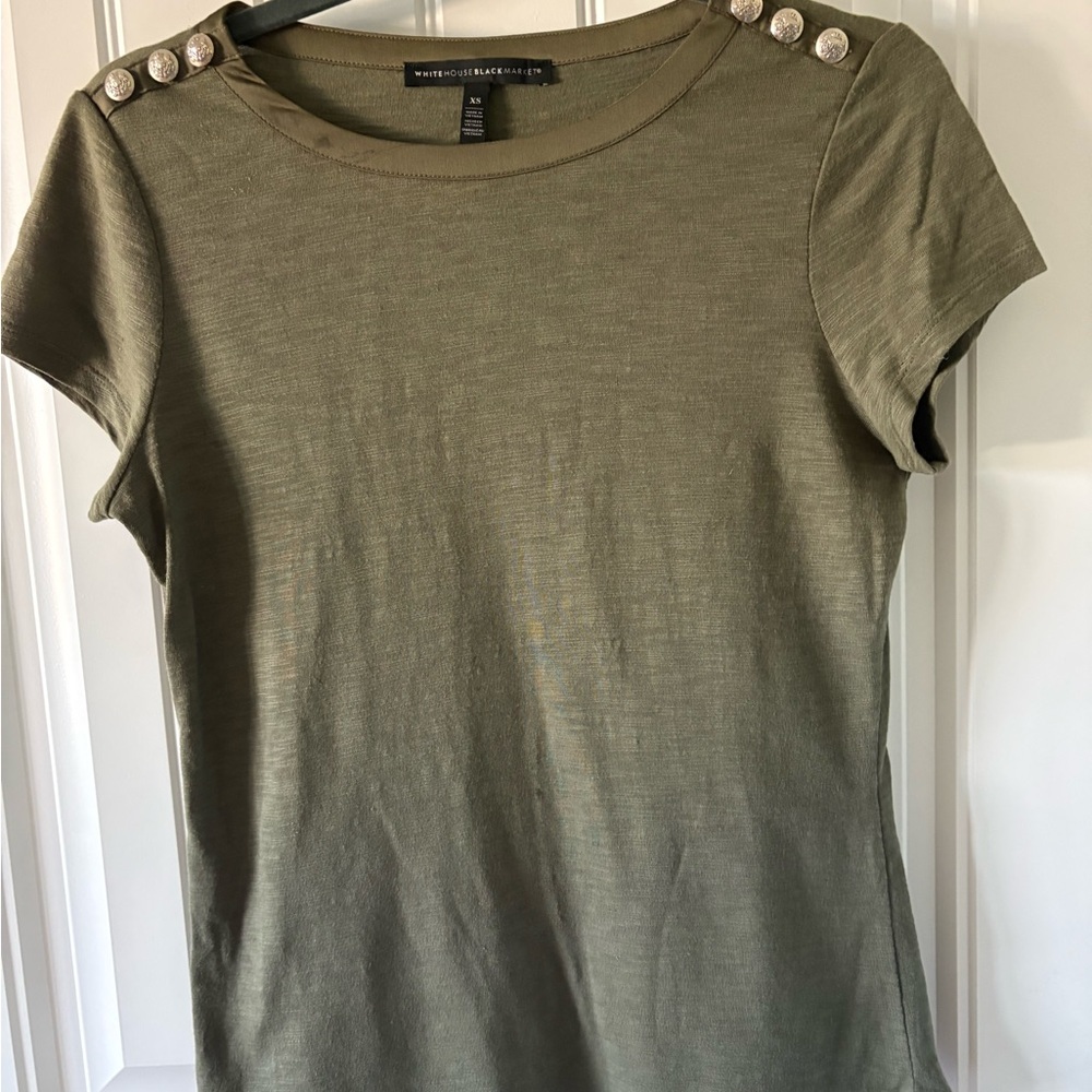 White House Black Market Olive Short Sleeve Top with Button Details